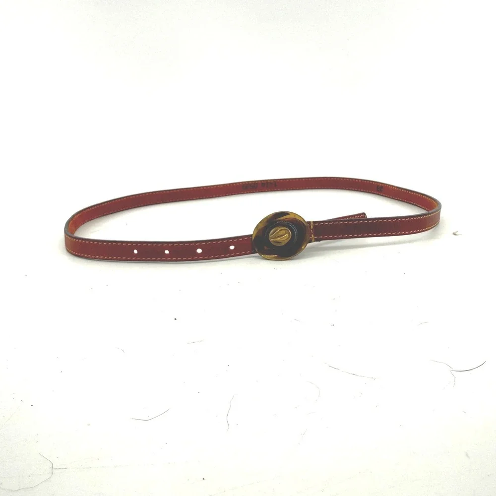 Leather Belt Womens 28 Brown Cowboy Hat Buckle Skinny Western Stitch Unique 90s‎